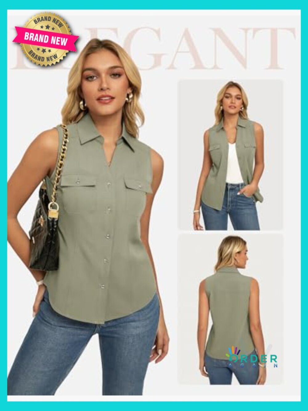 Sleeveless Button Down Blouse V-Neck Chic Minimal Business Casual Office Wear - Picture 2 of 7